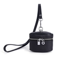 Mini black lychee pattern leather neck pouch with silver zipper and lanyard strap - Black