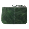 Forest green crazy horse leather coin purse with vintage texture and top metal zipper - Green
