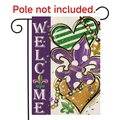 Mardi Gras garden flag with purple Welcome text and festive fleur-de-lis icons - Mardi Gras Purple Green Style (DF-08)