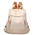 Mochila minimalista para portátil de lona beige con detalles de cuero marrón y bolsillos - Blanco Roto