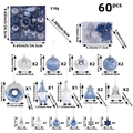 60-piece blue and silver Christmas tree ornament set featuring donut and snowflake designs - Ice Blue and Silver (R2-56)