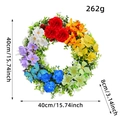 Colorful artificial spring flower wreath with blue butterfly and green leaves on white background - Rainbow Artificial Flower Wreath (J3-13)