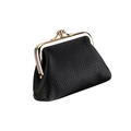 Close-up of black lychee grain leather texture and gold metal frame on a retro coin purse - Black