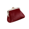 Close-up of wine red pebbled leather coin purse with vintage gold kiss-lock frame - Burgundy