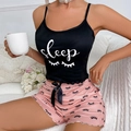 Detail of soft sleepwear set with letter print camisole and eyelash pattern shorts - S / Black With Eyelashes
