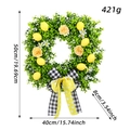 Square lemon wreath with green leaves, yellow fruit, and black-white checkered bow, 50cm tall - Bow Knot Lemon Square Wreath