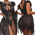Ensemble lingerie sexy en dentelle noire avec robe ouverte transparente et string assorti - S / Noir