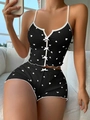 Completo loungewear a costine da donna con canotta nera e pantaloncini a cuori - Taglia S / Nero con stampa cuore bianco