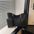 Detail of tweed tote bag with gold-tone threads and matching pouch set for women - Black