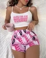 Women's pajama set featuring white Holiday tank top and pink printed shorts - S / White Background Alphabet Stickers