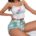 Women's pajama set featuring pink flamingo print camisole and green printed shorts - S / White Flamingo