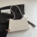 Chic woven straw shoulder bag featuring cream and brown herringbone pattern and tassels - Cream White with Pendant