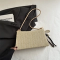 Beige woven straw shoulder bag with creative tennis racket tassel and leather strap - Khaki With Pendant