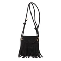 Sac seau noir à franges de style français avec texture suédée et bandoulière à nœud - Noir