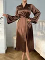 Detail of a dark brown satin long-sleeved robe with a silky texture and tied waist - S / Brown