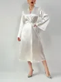 Detail of white satin long robe showing the silky texture and elegant belted waist design - S / White