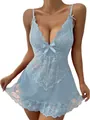 Detail of light blue floral lace lingerie dress featuring a mesh bow and scalloped hem - S / Light Blue