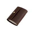 Detail view of a dark brown leather card holder featuring vintage bronze snap closure - Coffee