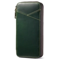 Vintage dark green crazy horse leather pen case with zipper closure and front V-pocket - Green