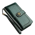 Portefeuille long vintage pour femme en cuir ciré vert foncé avec fermoir rose - Vert Foncé (3536)