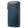 Dark blue crazy horse leather pen case with contrast stitching and zipper closure - Blue