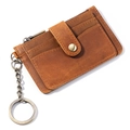 Brown crazy horse leather card holder with zipper pocket and metal keychain ring - Brown