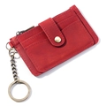 Red crazy horse leather card holder with zipper pocket and key ring attachment - Red