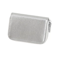 Detail view of silver lychee texture leather card holder with secure metal zipper closure - Silver