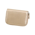Macro view of champagne gold pebbled leather card holder with secure silver zipper - Champagne