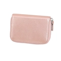 Close-up of rose gold pebbled leather card holder with secure silver zipper closure - Rose Gold