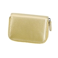Close-up of litchi grain texture on metallic gold leather card holder with silver zipper - Gold