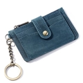Retro blue crazy horse leather card holder with zipper pocket and metal keychain - Blue