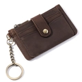 Vintage dark brown crazy horse leather card holder with zipper pocket and keychain - Coffee