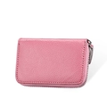 Pink genuine leather accordion card case with RFID blocking and secure silver zipper - Pink