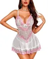 Close-up of pink lace trim and white bow detail on sheer mesh sexy nightwear - S / White Pink