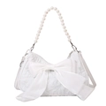 White pleated fabric handbag with oversized bow and elegant pearl beaded handle strap - White