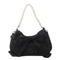 Chic black cloud bag with large satin bow and elegant pearl chain handle for women - Black