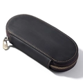 Black crazy horse leather triple fountain pen case with contrast yellow stitching - Black