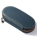 Deep teal crazy horse leather 3-slot fountain pen pouch with bronze zipper detail - Blue