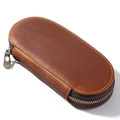 Retro crazy horse leather fountain pen case with zipper in dark brown finish - Brown