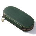 Dark green crazy horse leather pen case with vintage zipper and fine yellow stitching - Green