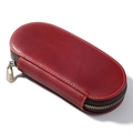 Red leather pen pouch with yellow stitching and retro bronze zipper closure - Red