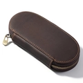 Dark brown crazy horse leather pen case with vintage zipper and fine stitching - Coffee