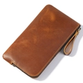 Vintage dark brown crazy horse leather pen case with zipper and wrist strap - Brown