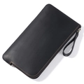 Black crazy horse leather pen case with yellow stitching and zipper closure strap - Black