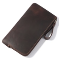 Dark brown crazy horse leather pen case with zipper closure and wrist strap - Coffee