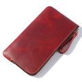 Red crazy horse leather long wallet with L-shaped zipper and wristlet strap - Red