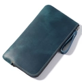 Dark cyan crazy horse leather pen case with zipper and handle strap for four pens - Blue