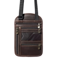 Dark brown leather RFID passport neck pouch with four zippers and adjustable strap - Coffee