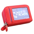 Porte-cartes en cuir rouge à grain litchi avec double fermeture éclair et fenêtre d'identité - Rose rouge